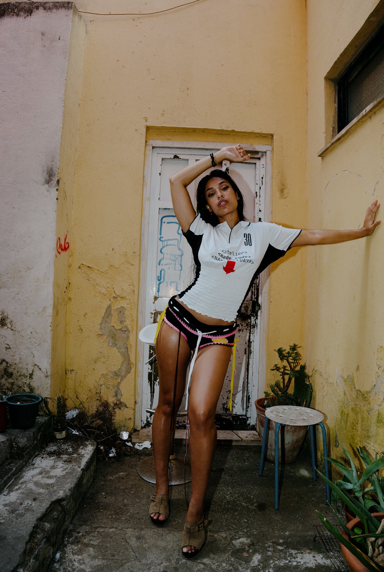 Shirred Jersey Polo Top - White