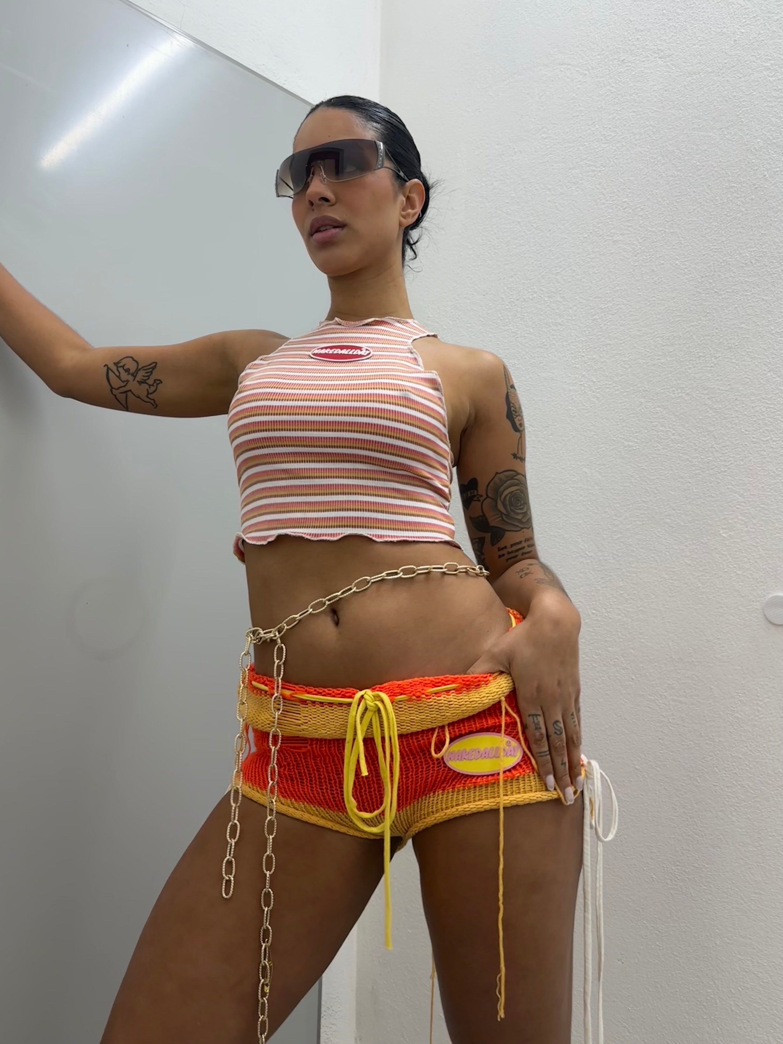 Orange Knitted Mini Shorts