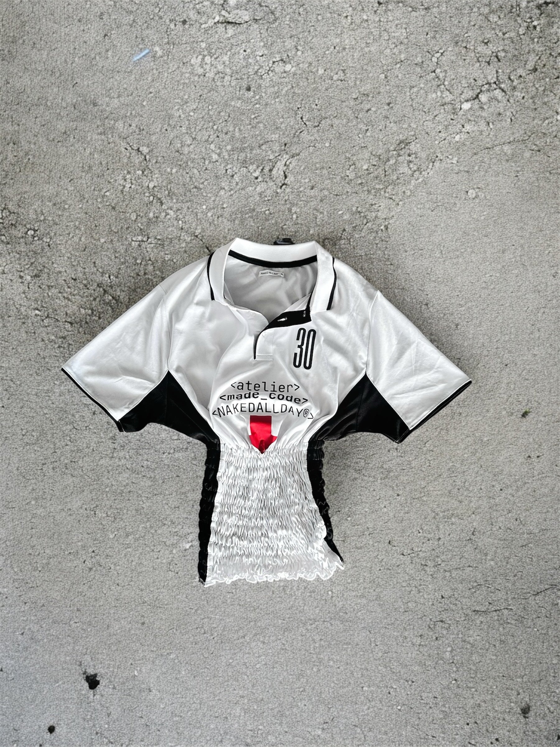 Shirred Jersey Polo Top - White