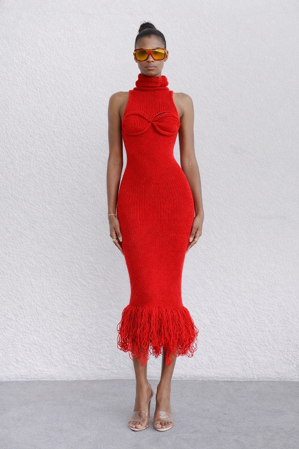 RED SCULPTED KNIT DRESS