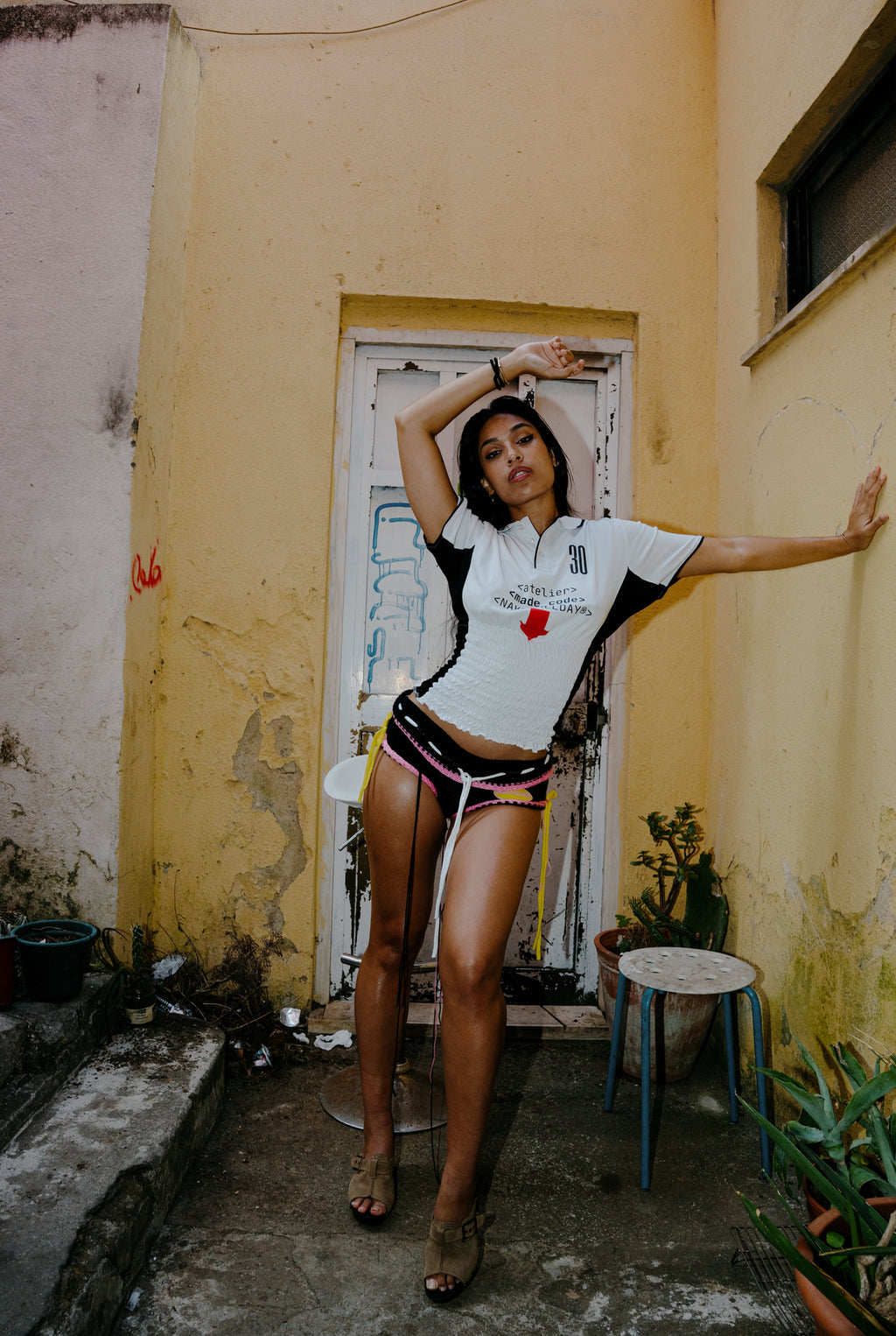 Shirred Jersey Polo Top - White